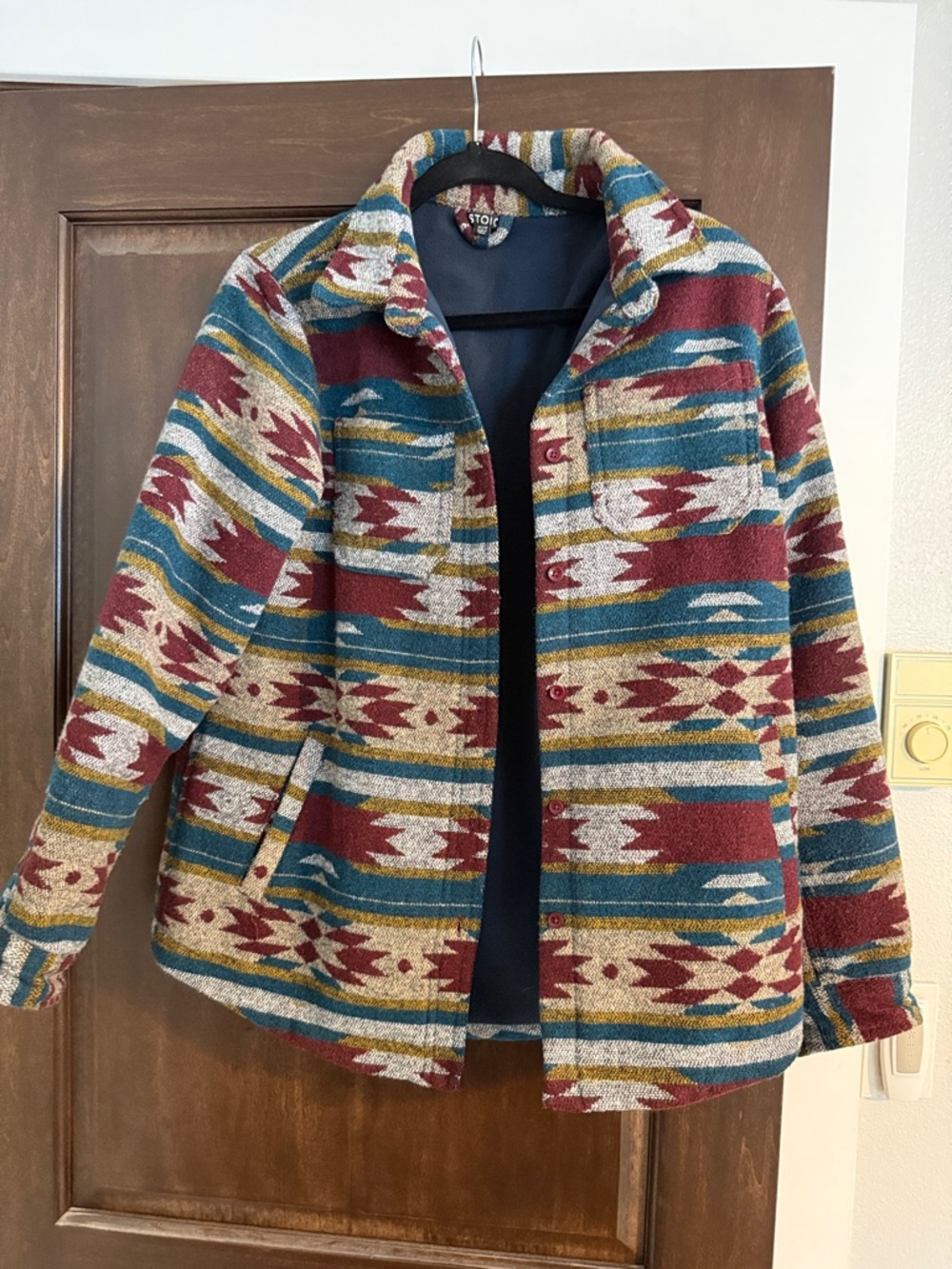 Patterned Wool-Blend Jacket in Maroon, Teal & Cream